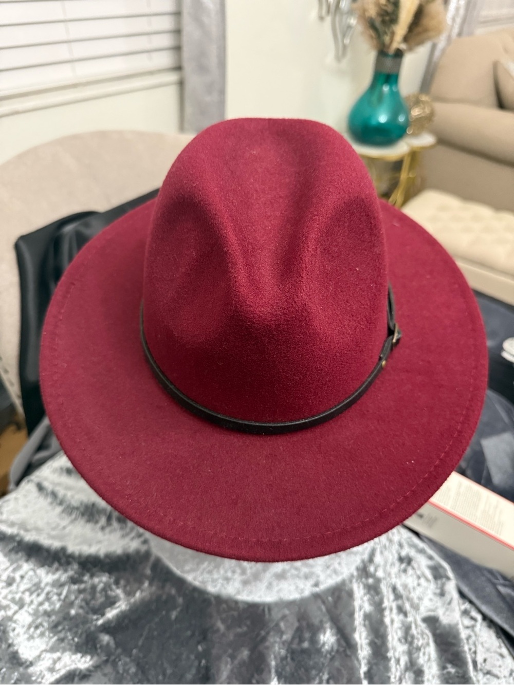 Womens Burgundy Wool Felt Fedora Hat with Slim Leather Band